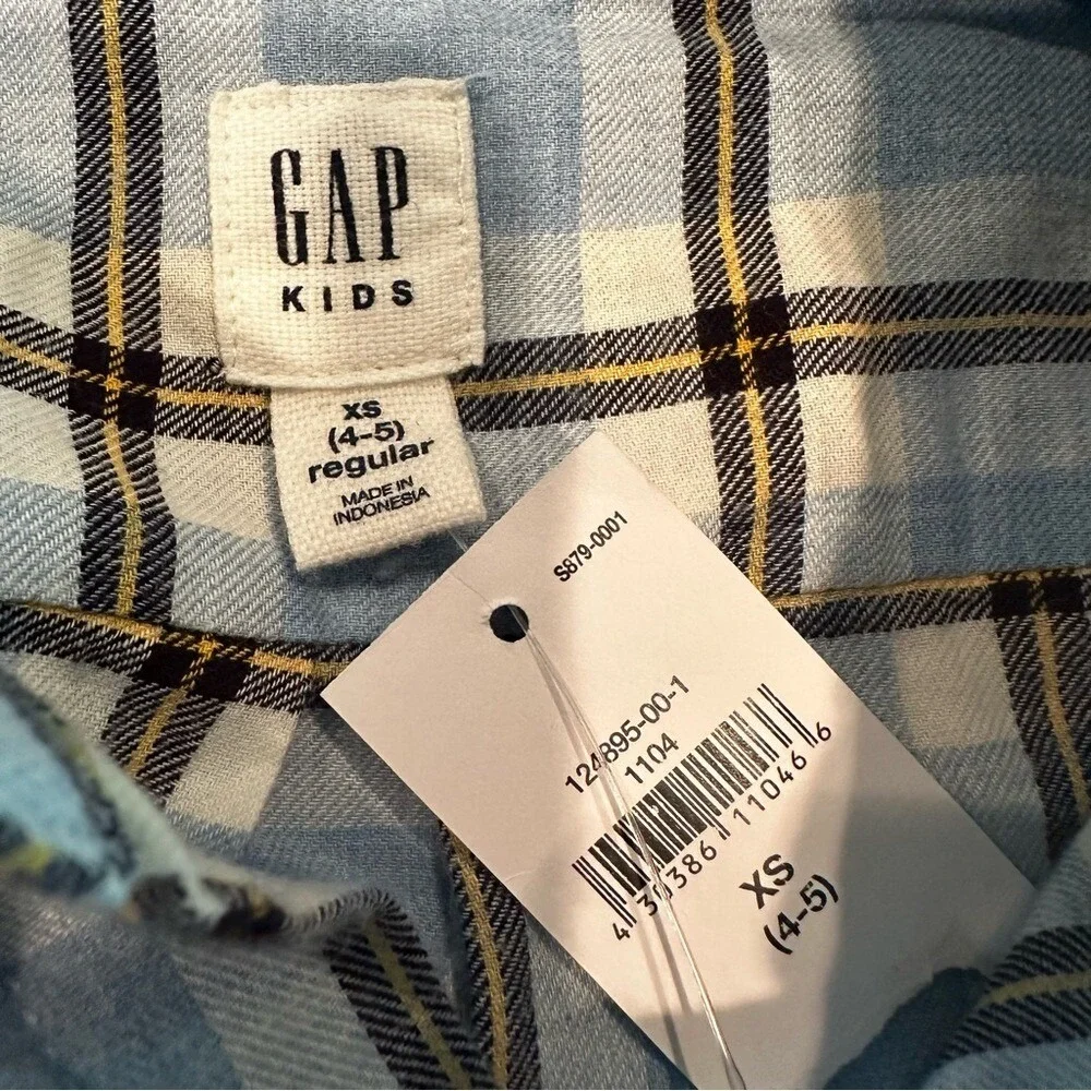 Gap Plaid 100% Cotton Button‎ Down Shirt Boy's XS 4-5 Light Blue Navy Casual NEW